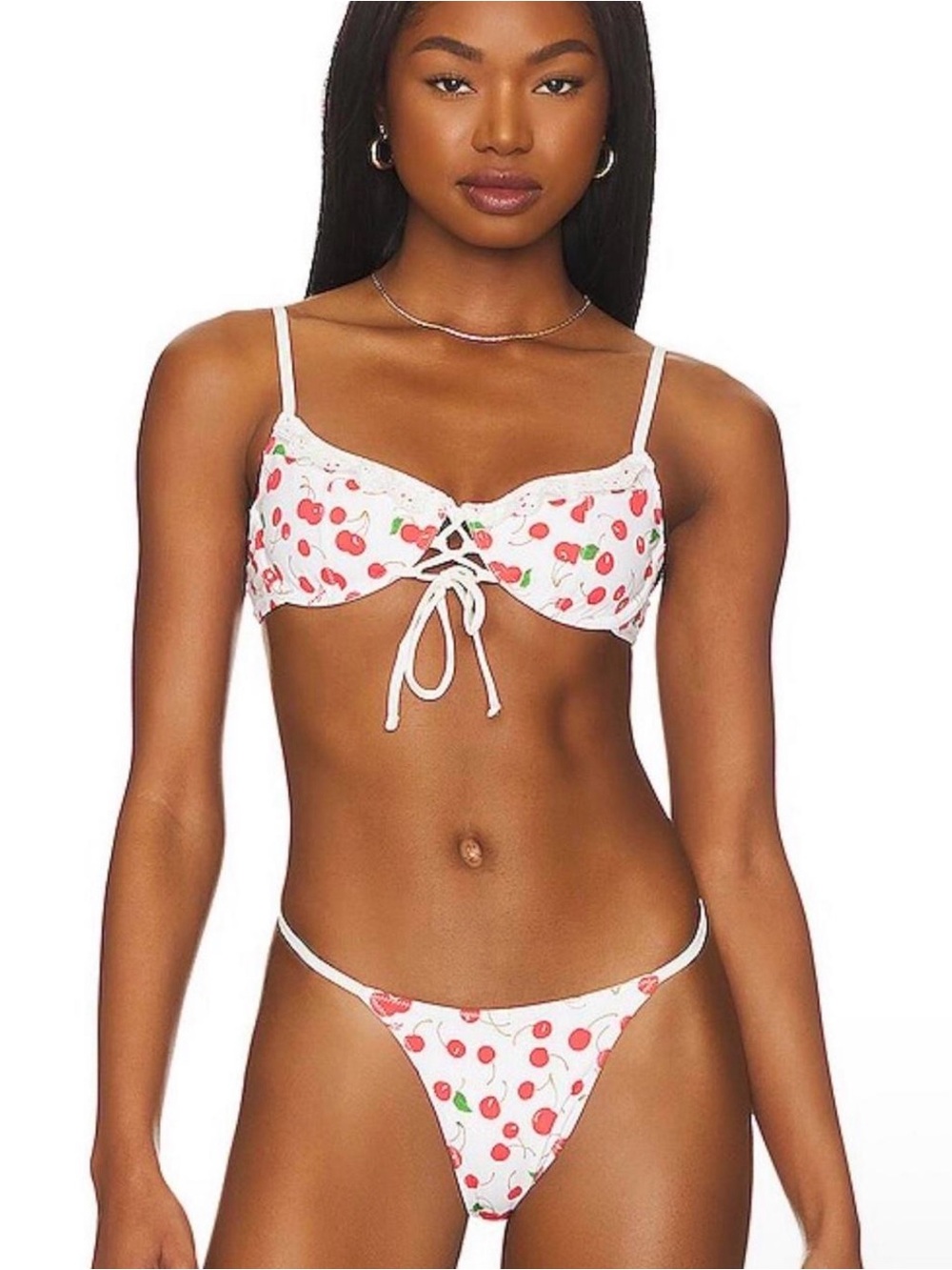 Frankie's Bikinis | Cherry-Print Lace-Up Bikini SET | Medium | Red / White